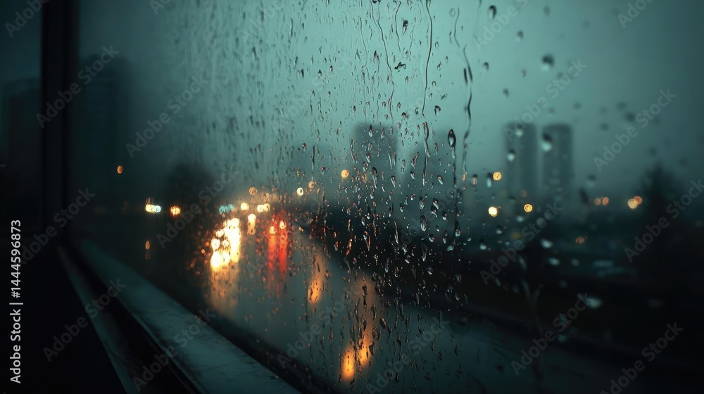 Poster raindrop on a window featuring sad city mood and water texture concept. moody rain-soaked window vie