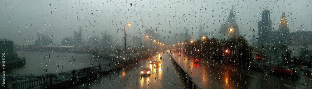 Poster raindrop on a window featuring sad city mood and water texture concept. cityscape during rainy weath