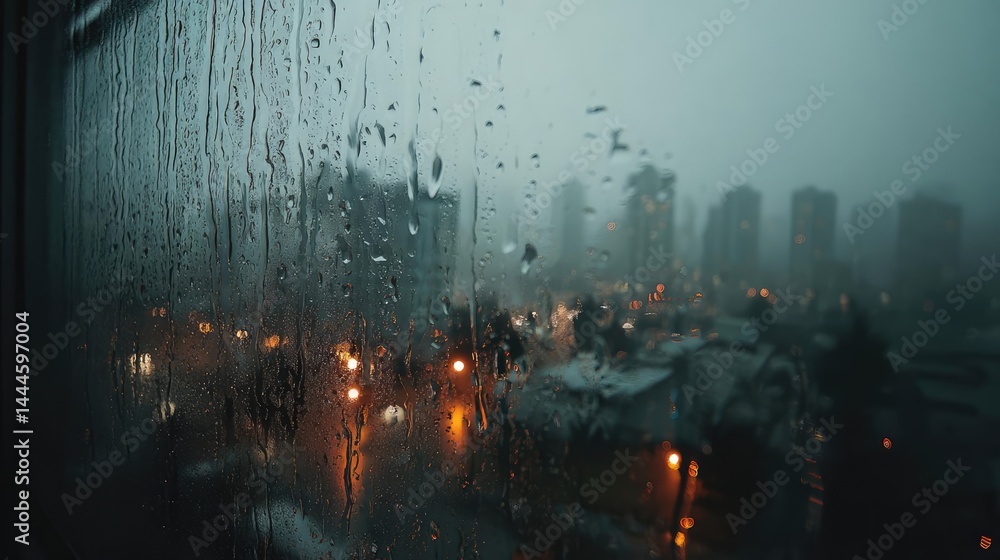 Poster raindrop on a window combining rain, mood, and urban pattern concept. rainy cityscape with blurred l