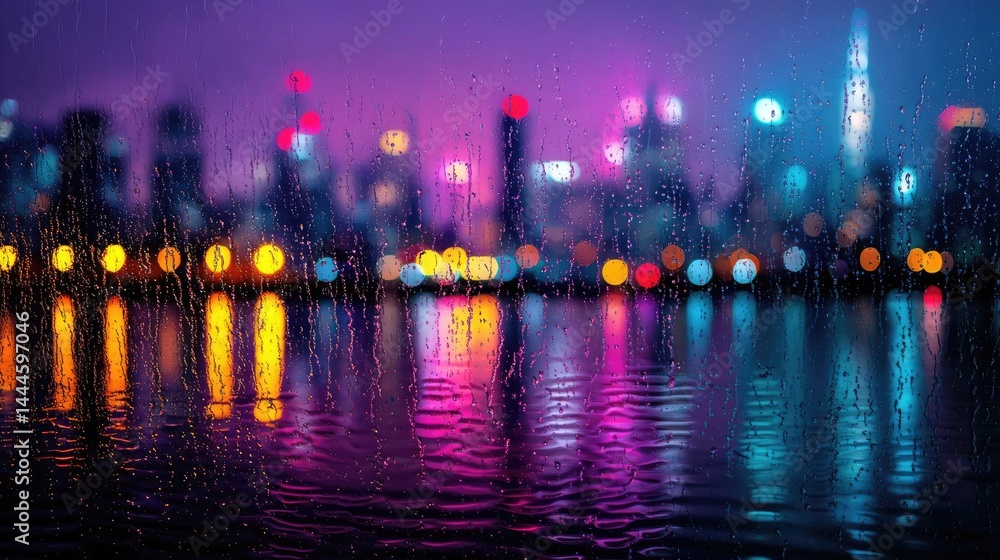 Poster raindrop on a window featuring sad city mood and water texture concept. vibrant city skyline reflect