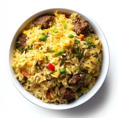A top-view of a small white bowl filled with a starchy, savory rice mix, minced meat, and diced veggies&mdash;like a yellow biryani. Wet, hearty, and isolated on white