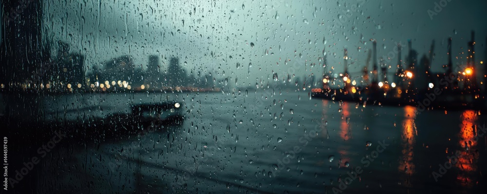 Poster raindrop on a window combining rain, mood, and urban pattern concept. a moody cityscape during rain,