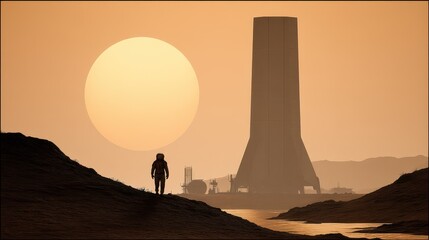 Fototapeta premium Silhouette figure on alien landscape at sunset.