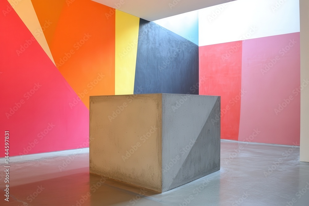 Poster Concrete cube stands in gallery, vibrant walls with geometric shapes adding contrast, creating an artistic focal point.