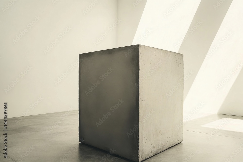 Poster A minimalist composition showcasing a concrete block in a stark, sunlit room, emphasizing geometric shapes and subtle tonal variations.