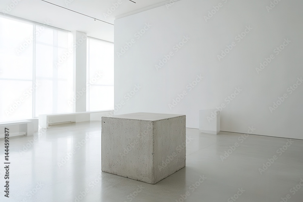 Poster minimalist concrete cube sculpture. a contemporary art piece in a white gallery with bright light fr