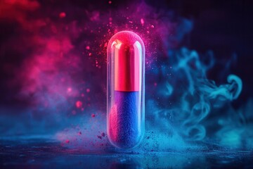 Capsule with red and blue halves against backdrop of pink and blue smoke, suggestive of medicinal science or product.