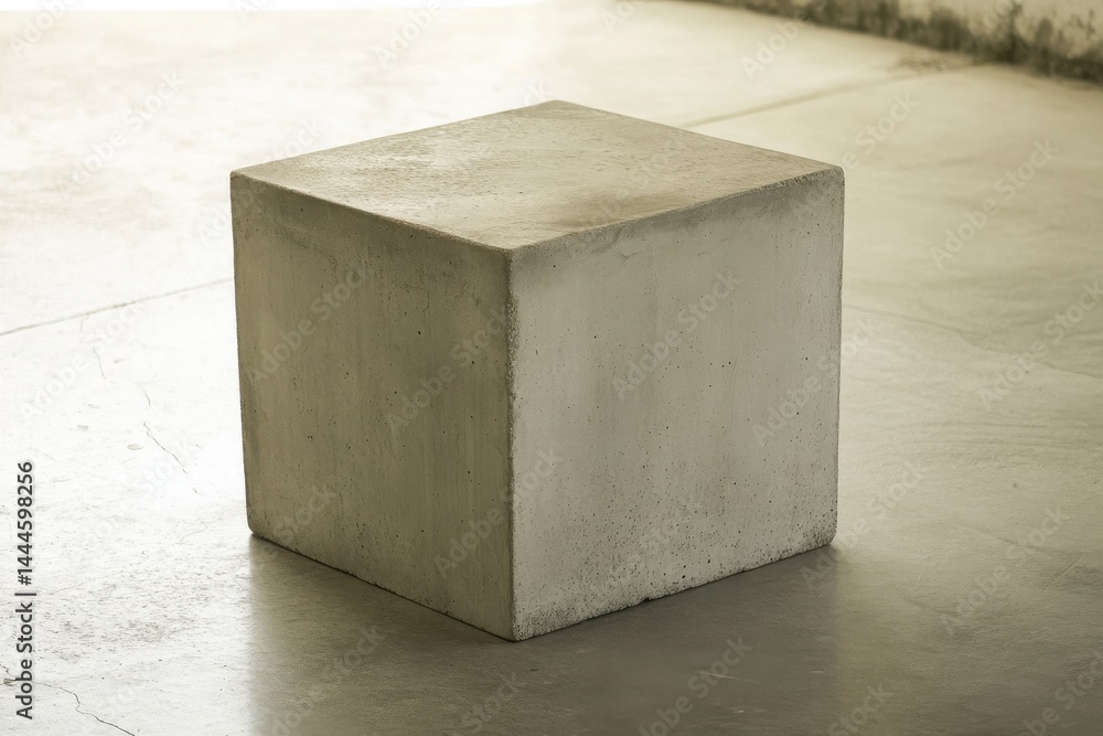 Poster Isolated view of solid cubic form, a monolithic geometric shape, casting a slight shadow on a seamless gray surface.