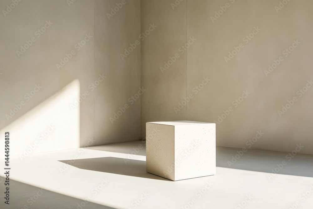 Aufkleber Minimalist cube in a sunlit corner, creating a simple yet elegant architectural detail. Light and shadow enhance the space.