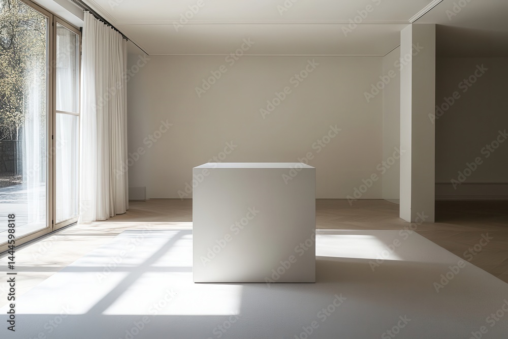 Poster minimalist white cube display: simple geometry, flooded with natural light, in a gallery or home set