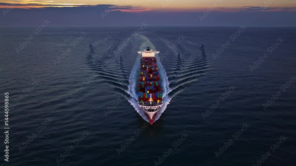 Poster aerial view of a cargo ship navigating the ocean, showcasing colorful containers. the video captures