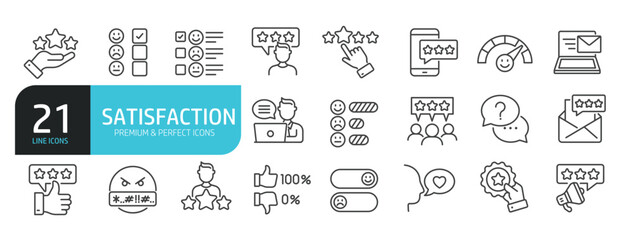 Set of line icons related to satisfaction, feedback, testimonial review,. Outline icons collection. Editable stroke. Vector illustration