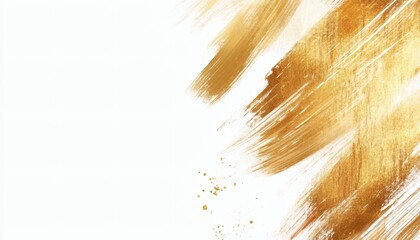 Abstract gold paint strokes against a white background.