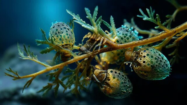 Sea squirts ascidians tunicates colony attached to a branch, underwater marine environment, close up macro photography of vibrant colors