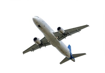 Airplane ascending into the sky with wings and engines visible against a white background in flight