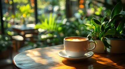 Sunny Cafe Latte with Plants, and Wooden Table.