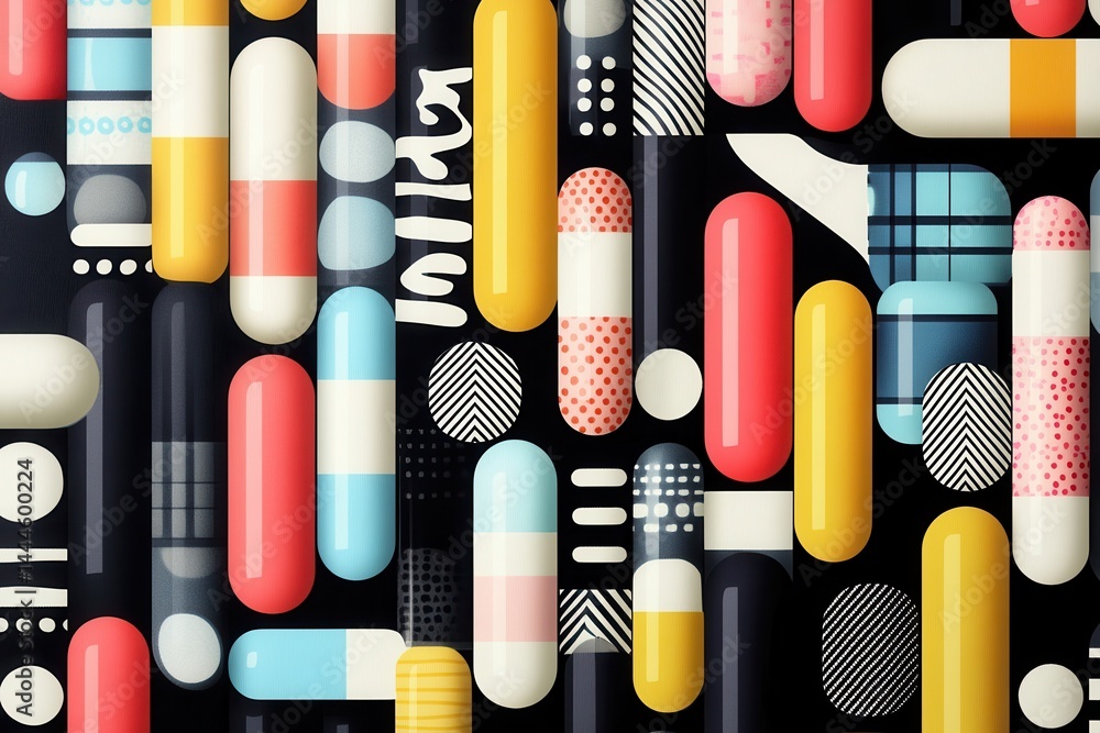 Poster Colorful, pill-shaped elements and abstract patterns in a playful and eye-catching composition, all set against a dark backdrop.