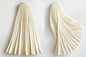 Two views of a pleated ivory skirt. One is laid flat, and the other is styled to show movement. Minimalist styling on white background.