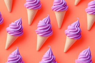 A collection of purple ice cream cones placed on a bright orange background creating a pattern of summery frozen treats.