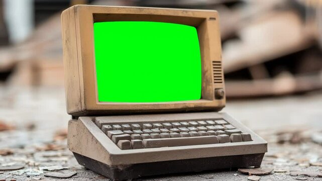 Old computer starts up with green screen background, showcasing retro technology from the past in abandoned environment