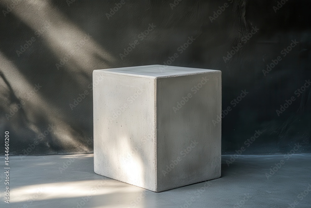 Poster A minimalist cube block, ideal for art display or simple decor, highlighted by light against a grey backdrop. Focus is on form and texture.