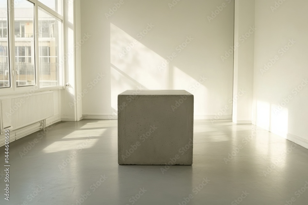 Poster minimalist cube in a bright, sunlit room, exuding modern simplicity and geometric form. neutral tone