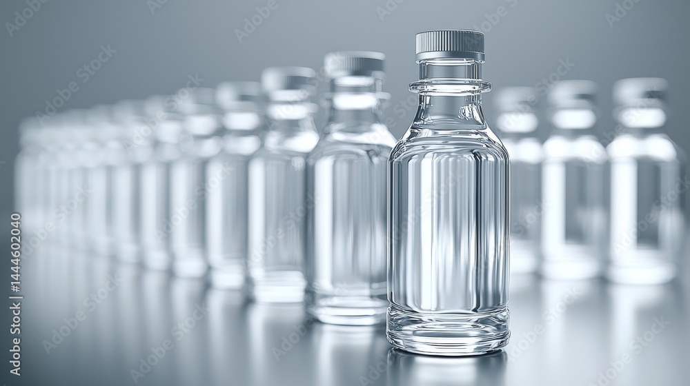 Poster a collection of transparent glass bottles arranged in a neat row, showcasing simplicity.