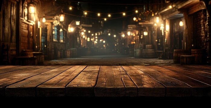 Wooden table in front of a dimly lit, cobbled street at night Wooden structures line the street with string lights and lanterns A hazy atmosphere fills the space