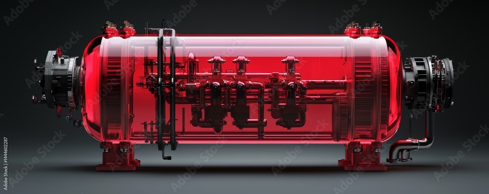 Aufkleber a futuristic red device with intricate mechanical components showcased in low light.