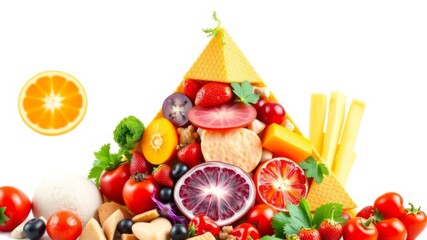 A vibrant pyramid of fresh fruits and vegetables arranged artfully on a white background showcasing healthy eating concepts.