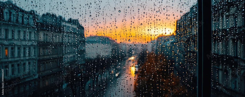 Poster raindrop on a window combining rain, mood, and urban pattern concept. a rainy sunset view through a 