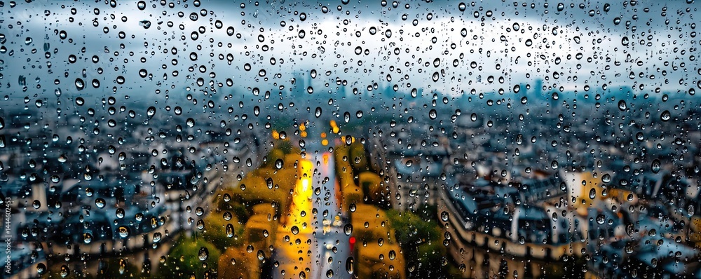 Poster raindrop on a window combining rain, mood, and urban pattern concept. a stunning view of a rainy cit