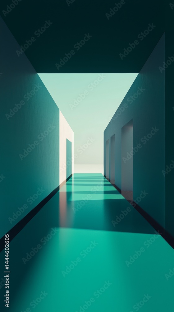Poster a modern corridor with vibrant colors and dynamic shadows creating a serene perspective.