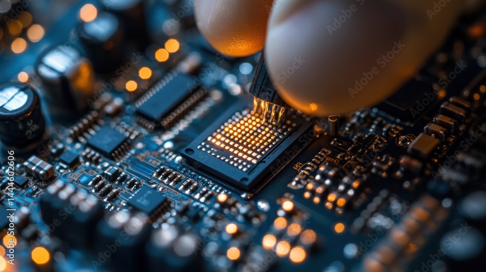Poster close-up of a microchip installation: precision and technology