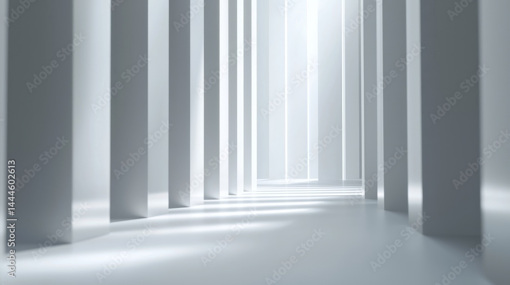 Poster a modern corridor with tall white columns and bright light creating a serene atmosphere.