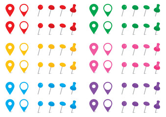 シンプルなピンのイラストセット　カラー　地図　マップ　画鋲　アイコン