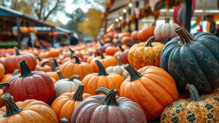 A vibrant autumn display showcases a bountiful harvest of colorful pumpkins at a bustling outdoor farmers market.