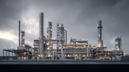 A modern industrial complex with smokestacks against a dramatic sky.