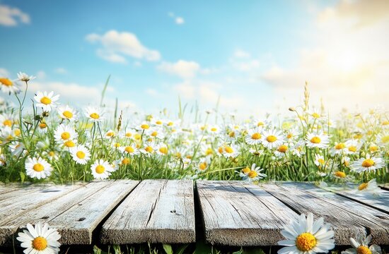 Rustic wooden platform set amongst a field of daisies under a vibrant, sunny sky  Daisy flowers blanket a meadow  Light wooden planks form a  simple platform