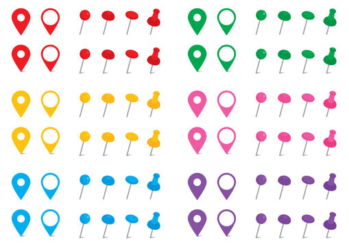 シンプルなピンのイラストセット　カラー　地図　マップ　画鋲　アイコン