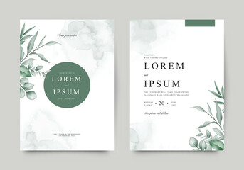 Minimalist wedding invitation card template in green leaves decoration