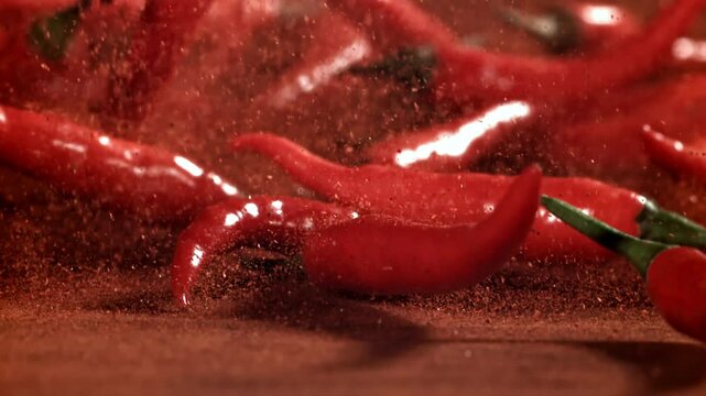 Red chili pepper in flight with ground pepper. Filmed on a high-speed camera at 1000 fps. High quality FullHD footage
