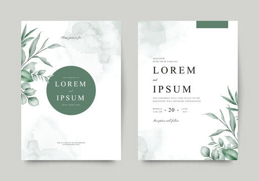 Minimalist wedding invitation card template in green leaves decoration - Powered by Adobe