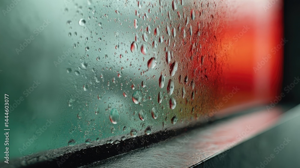 Poster Raindrop on a window combining rain, mood, and urban pattern concept. Close-up of raindrops on a glass window with blurred background.