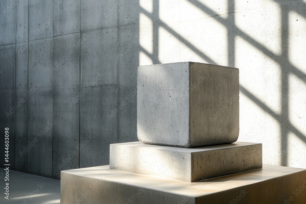 Aufkleber minimalist design featuring geometric concrete cube on pedestals with natural light and shadows in a