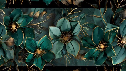 Elegant Emerald Green Flowers with Gold Accents Botanical Print