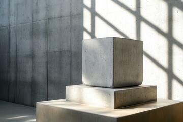 Minimalist design featuring geometric concrete cube on pedestals with natural light and shadows in a modern setting.
