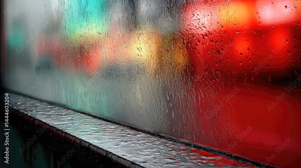 Aufkleber Raindrop on a window combining rain, mood, and urban pattern concept. Raindrops on a window create a blurred, colorful urban scene.