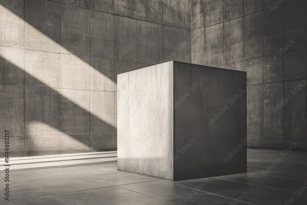 Poster monochromatic interior featuring a solid concrete cube bathed in stark sunlight. architectural minim