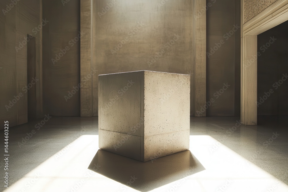 Aufkleber Sunlit Concrete Cube: Modern minimalist scene with light creating a dramatic shadow against textured walls, emphasizing form and abstraction.